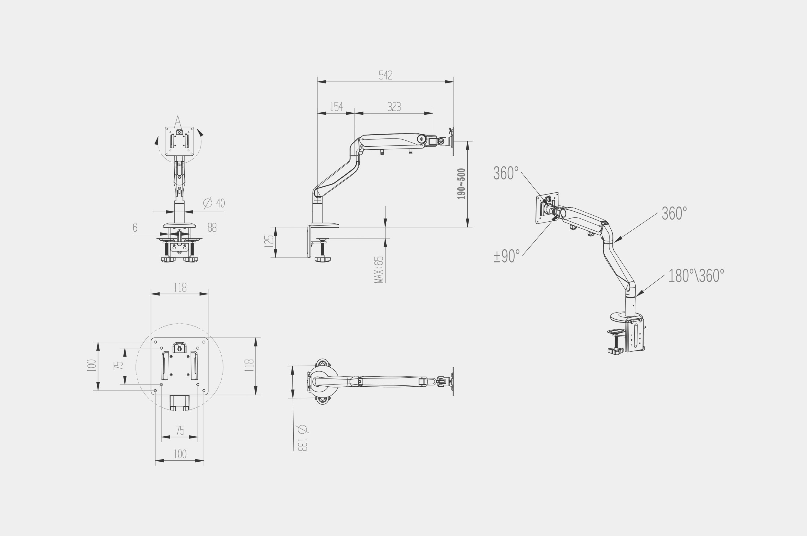 Single Monitor Arm – Screen Size 17" – 34" Screens – White 3