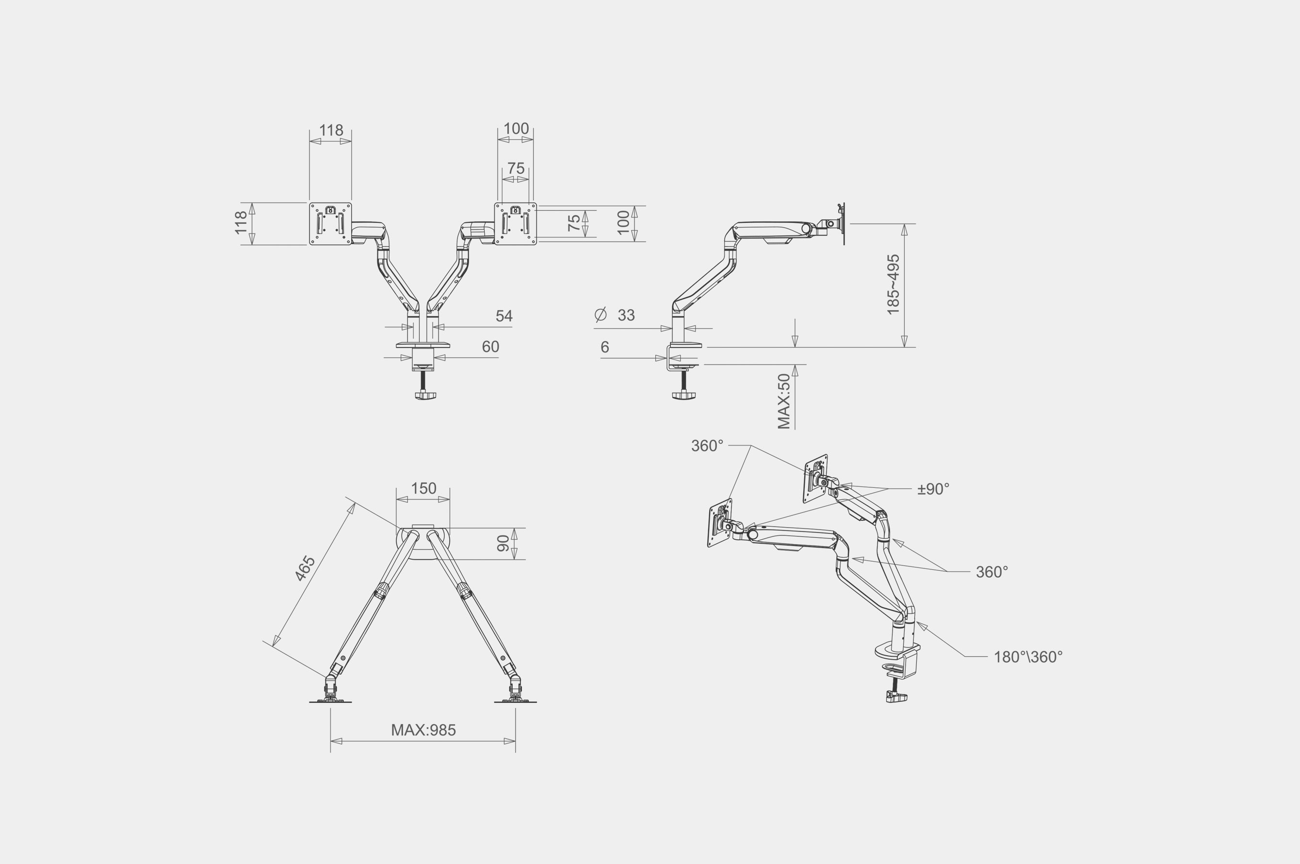 Dual Monitor Arm – Screen Size 17" – 32" Screens – White 3